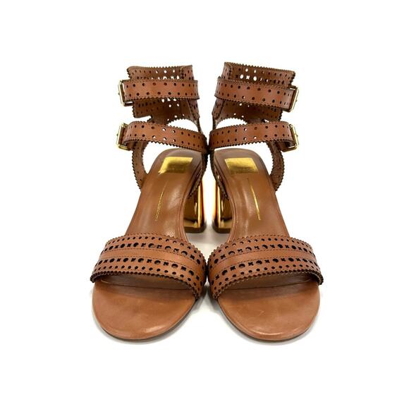 Dolce Vita Straps Sandal Sz 9.5 Brown Leather Gold Block High Heel Laser-Cut New - Picture 4 of 15